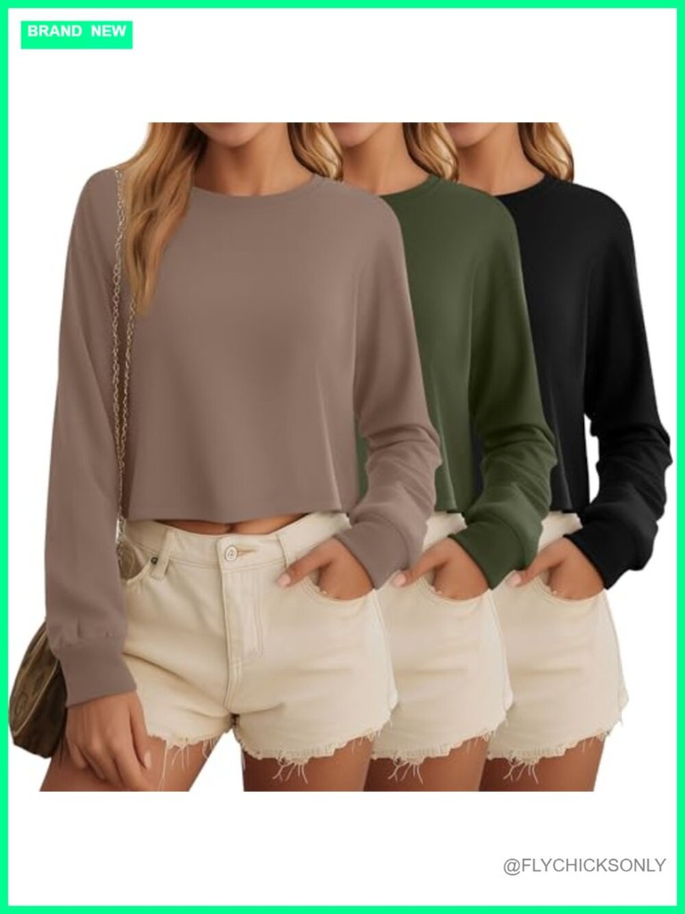 3 Pack Long Sleeve Cropped Tops Cotton Spandex Crew Neck Loose Fit Womens